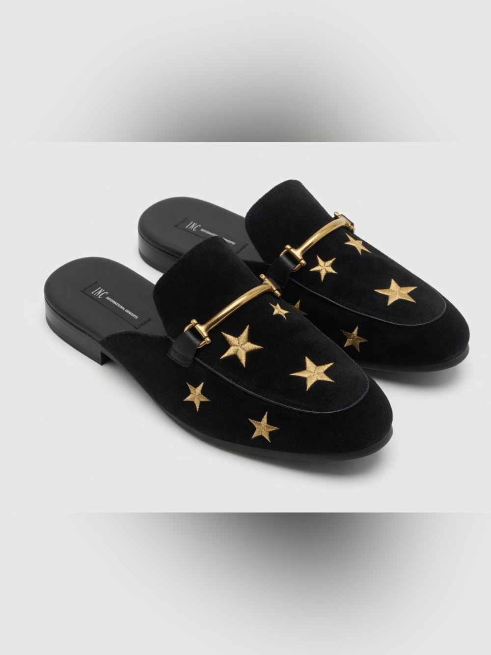 INC International Concepts Black Suede Star-Embroidered Slide Mules